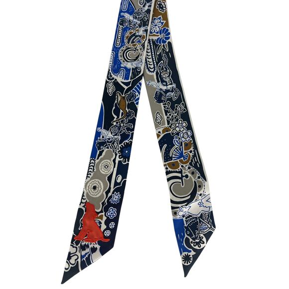 Hermès Printed Silk Bingata Sticker Twilly Marine Tabac Bleu Vif - Picture 4 of 12